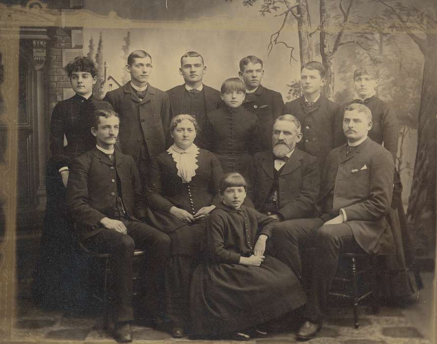 Portraits - Group, bow tie, history of Iowa, Iowa History, Families, beard, earring, lace collar, Iowa, moustache, dress, sidney curtis, Waverly Public Library, suit